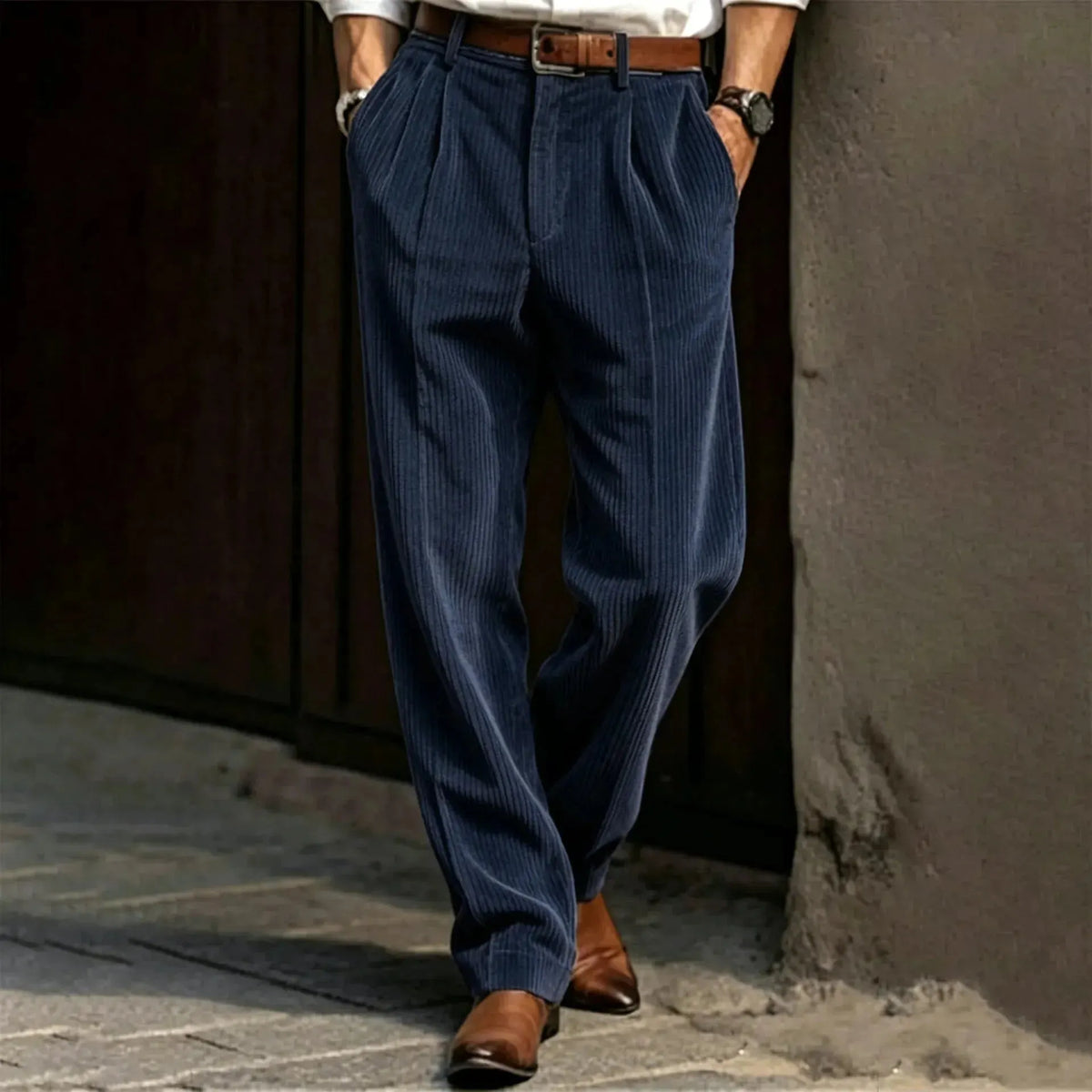 Men's Vertical Stripe Pleated Wide‐Leg Trousers