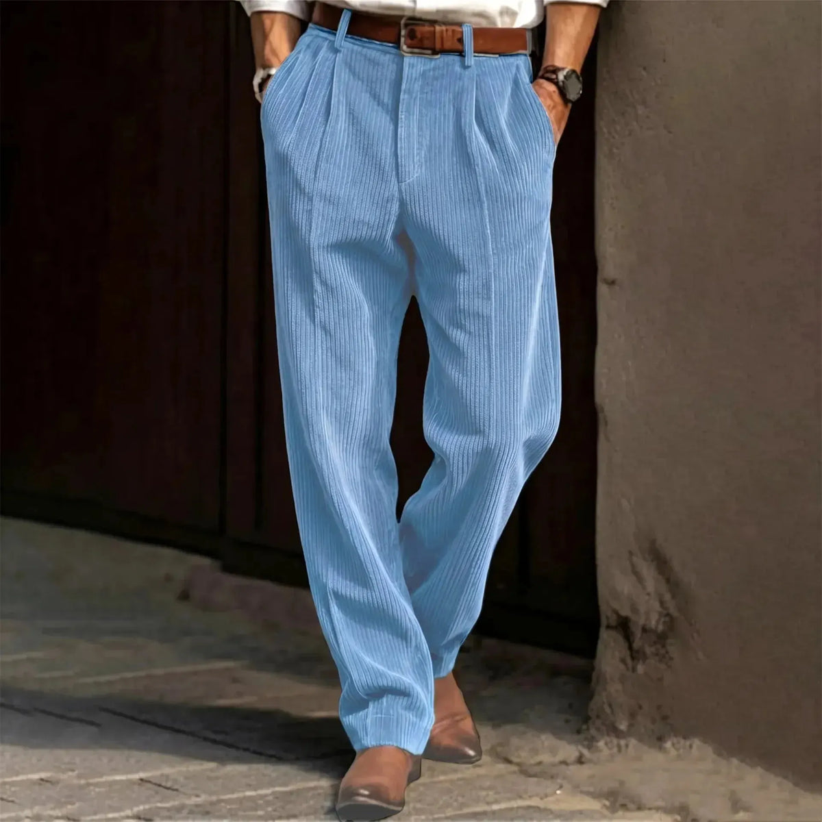 Men's Vertical Stripe Pleated Wide‐Leg Trousers